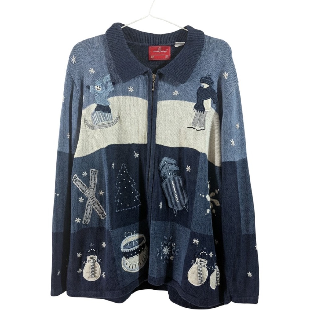 Vintage Holiday Lodge Cardigan Women 2X Blue Full Zip Winter Scene Skier Snowman